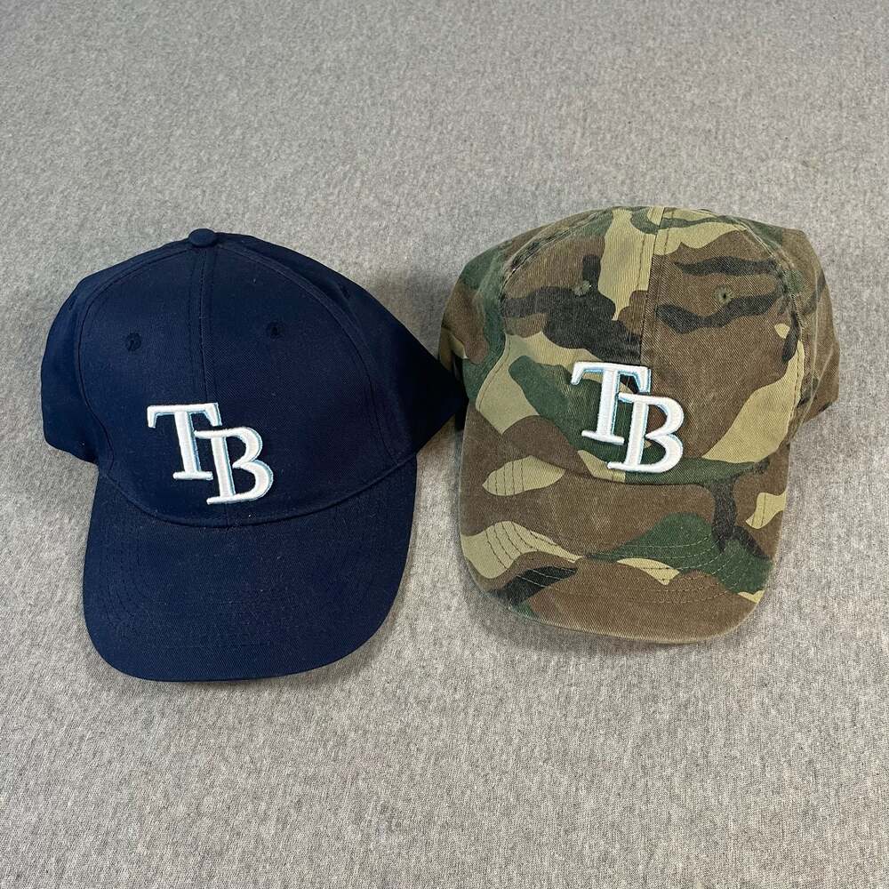 Tampa Bay Rays TB Logo Adjustable Baseball Hat Lot of 2 Navy Blue and Camouflage